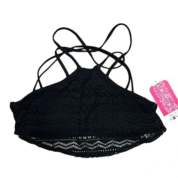 NWT Hula Honey High Neck Bikini Swim Top Black Lace Overlay XS S M XL Juniors' - Picture 3 of 13